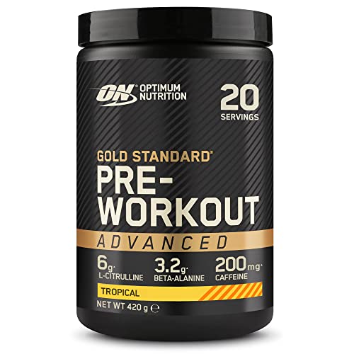 Optimum Nutrition Gold Standard Polvo Avanzado Pre Entrenamiento, Energy Booster con L-Citrulina, Beta Alanina, Cafeína y Vitaminas B12 y B6, Sabor Tropical, 20 Porciones, 420 g