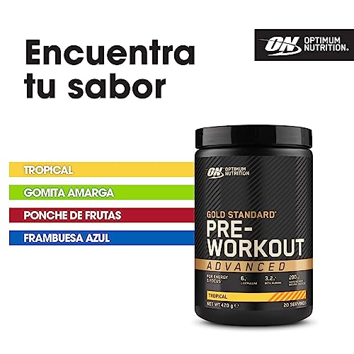 Optimum Nutrition Gold Standard Polvo Avanzado Pre Entrenamiento, Energy Booster con L-Citrulina, Beta Alanina, Cafeína y Vitaminas B12 y B6, Sabor Tropical, 20 Porciones, 420 g