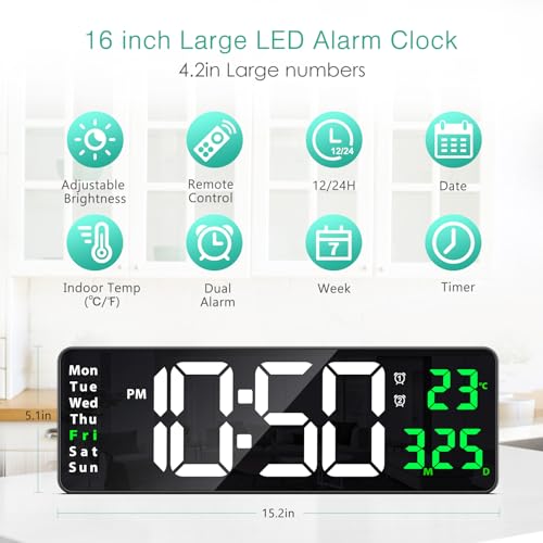 ORIA Reloj de pared digital, 16" LED de pared con pantalla grande, despertador digital con mando a distancia, 2 juegos de alarma, brillo ajustable y temporizador, hora/fecha/temperatura, para