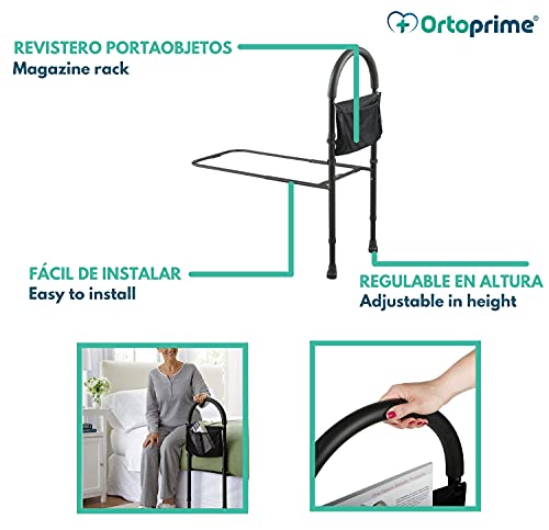 OrtoPrime Asidero para Cama Confort - Barandilla Cama Adulto de Seguridad - Barrera Cama Adultos + Revistero - Asidero Cama Acolchado - Ayuda para levantarse de la Cama ANTICAÍDAS, Negro