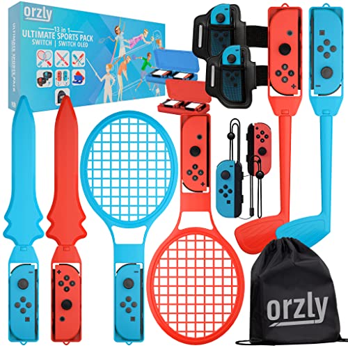 Orzly Switch Sports Pack Paquete de accesorios Nintendo Switch OLED Juegos deportivos, raquetas de tenis, palos de golf, espadas Chambara, correa para la pierna de fútbol, ​​empuñaduras Joycon y bolsa