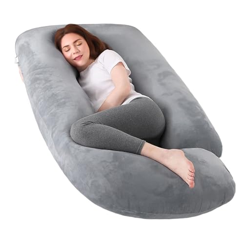 Otauoaea Almohada para Embarazadas, Almohada de Embarazo, Almohada de Cuerpo Completo en Forma de J, Almohada de Lactancia con Funda de Terciopelo Extraíble y Lavable,145x70 cm(Gris Claro)