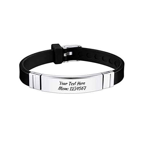 OTXIXTO Pulsera Personalizada Grabado Nombres Silicona Deporte Muñeca Identificación ID Etiqueta Pulsera/Personalizado para Hombres Mujeres Acero Inoxidable Goma Longitud Ajustable (SA: Negro)