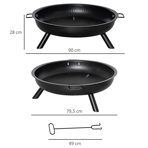 Outsunny Brasero Exterior 90x79,5x28 cm Cuenco de Fuego con Asas de Transporte Atizador 3 Pies y Marco de Acero para Hogueras Leñas Terraza Jardín al Aire Libre Negro