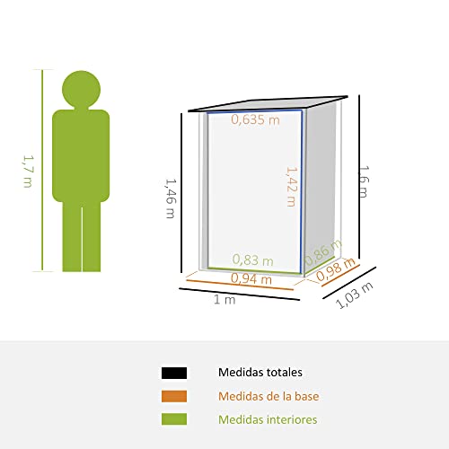 Outsunny Caseta de Jardín 0,92 m² 100x103x160 cm Cobertizo Exterior de Metálico con Puerta Cerradura y Techo Inclinado para Almacenamiento de Herramientas Gris Oscuro