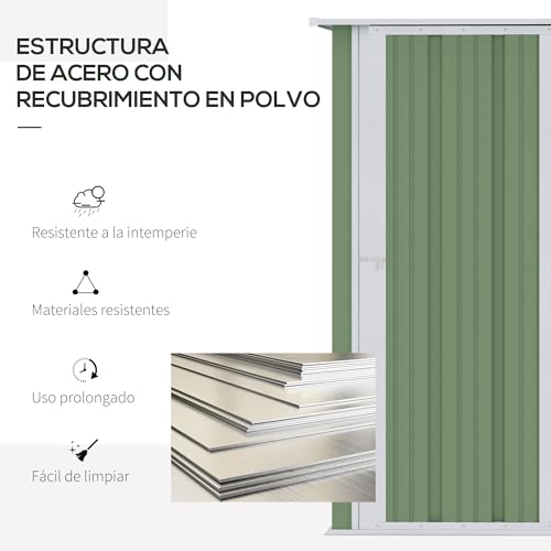 Outsunny Caseta de Jardín 1,07 m² 142x84x189 cm Cobertizo Exterior Metálico con Puerta Cerradura y Orificios de Drenaje para Almacenamiento de Herramientas Verde Claro