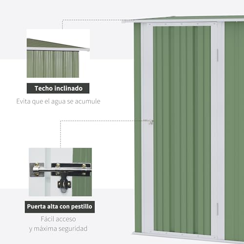 Outsunny Caseta de Jardín 1,07 m² 142x84x189 cm Cobertizo Exterior Metálico con Puerta Cerradura y Orificios de Drenaje para Almacenamiento de Herramientas Verde Claro