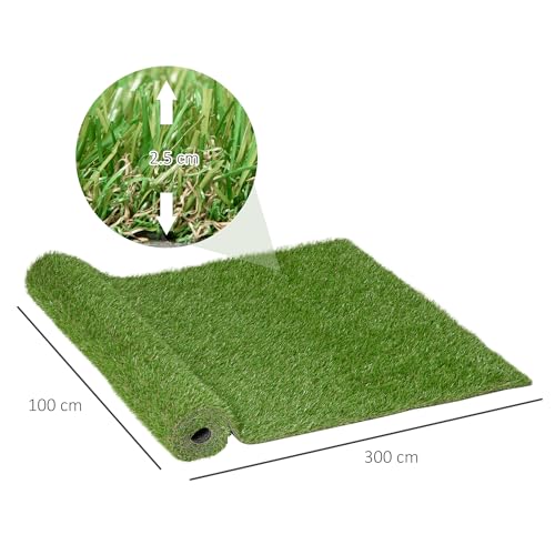 Outsunny Césped Artificial 3x1 m con Altura de Hierba 25mm Tipo Alfombra o Estera de Hierba Sintética de Exterior para Jardín y Terraza