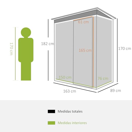 Outsunny Cobertizo de Jardín Exterior 1,5 m² 163x89x182 cm Caseta Metálica para Herramientas con Puerta Corredera y Techo Inclinado para Terraza Patio Negro