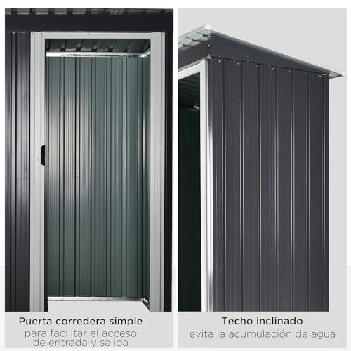 Outsunny Cobertizo de Jardín Exterior 1,5 m² 163x89x182 cm Caseta Metálica para Herramientas con Puerta Corredera y Techo Inclinado para Terraza Patio Negro