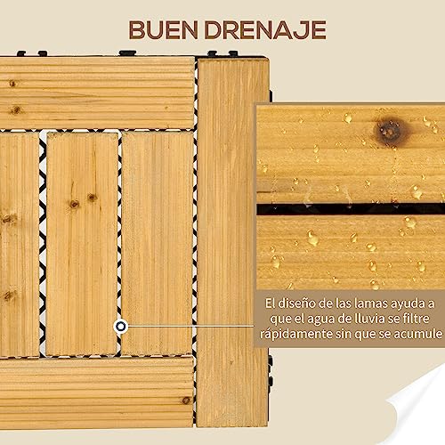 Outsunny Set de 27 Piezas Baldosas de Madera 30x30 cm 2,43 m² Baldosas para Exteriores Losetas para Suelo con Sistema de Clic para Balcón Terraza Jardín Natural