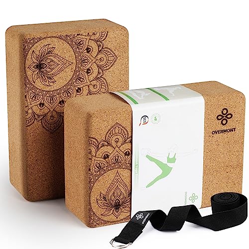 Overmont Baldosas de Yoga de Corcho，2 Yoga Block Natural Ecológico,con correas para yoga, pilates, fitness en general y estiramientos,para Principiantes y Profesionales,23 x 15 x 7,6 cm