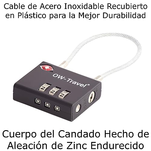 OW-Travel Candado Combinacion Cable Acero Flexible Anti robo. Candado maleta TSA numerico 3 Digitos. Candados mochila y maletas. Candado Taquilla Gimnasio. TSA candado seguridad equipaje Negro 1