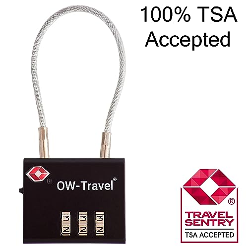 OW-Travel Candado Combinacion Cable Acero Flexible Anti robo. Candado maleta TSA numerico 3 Digitos. Candados mochila y maletas. Candado Taquilla Gimnasio. TSA candado seguridad equipaje Negro 1