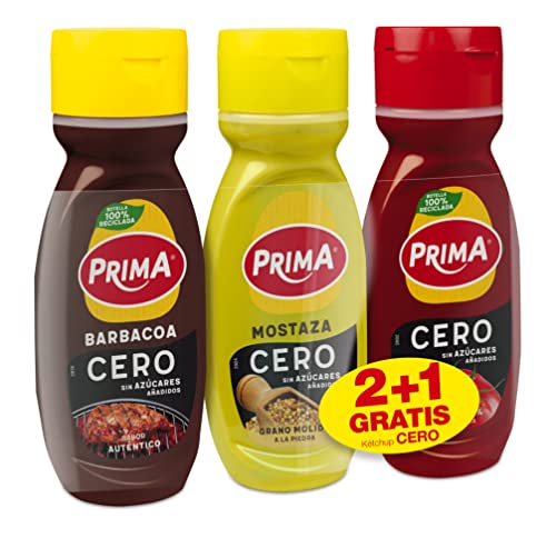 Pack 2+1 Salsas Prima Cero sin azúcares añadidos 265Gr. BBQ, Mostaza + Kétchup gratis