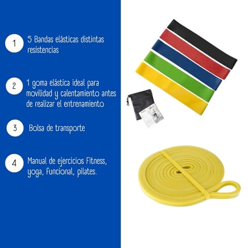 Pack 5 Bandas elásticas más 1 Goma Calentamiento Fitness Musculación con Niveles de Resistencia, Bolsa de Transporte y Manual de Ejercicios Pierna, glúteos, Brazos.