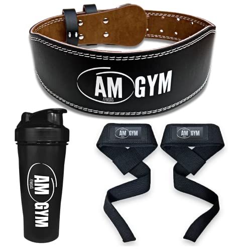 [Pack] Cinturón Lumbar Gimnasio Acolchado Ajustable + Straps Powerlifting + Shaker Proteína - Correas de Levantamiento de Pesas, Musculación, Fitness Gym I Am Gym (95, L)