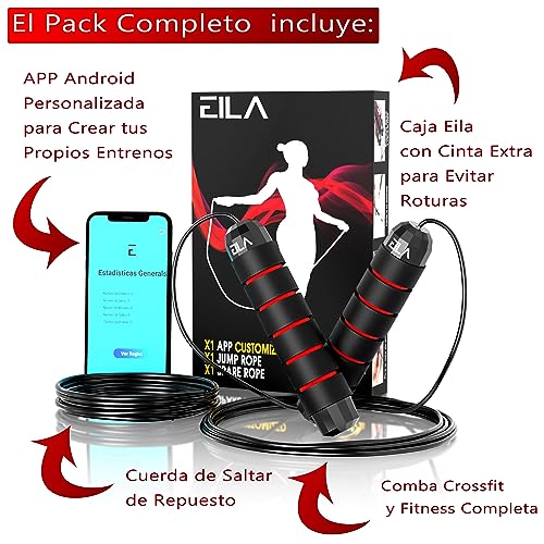 Pack Comba de Saltar Crossfit + APP Personalizada + Cuerda Fitness de Repuesto para Hombre y Mujer - Set Cuerda de Saltar para hacer Ejercicio en Casa o en la Calle - Kit Comba Boxeo para el Gym