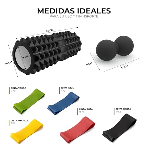 Pack Entrenamiento muscular y fitness: Rodillo masajeador espuma EVA cilindro Foam Roller/Bandas de cintas elásticas de resistencia/Pelota Doble bola de masaje miofascial cacahuete fisio-terapéutica