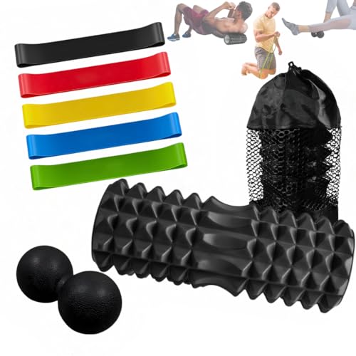 Pack Entrenamiento muscular y fitness: Rodillo masajeador espuma EVA cilindro Foam Roller/Bandas de cintas elásticas de resistencia/Pelota Doble bola de masaje miofascial cacahuete fisio-terapéutica