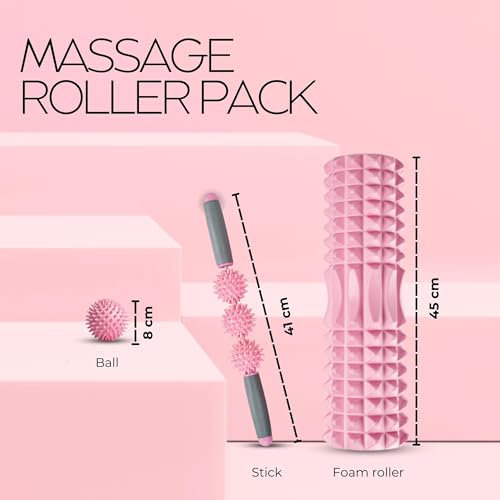 Pack Rodillo, Pelota y Barra Masajeadora. Rodillo de Espuma para Terapia, Masaje Muscular, Pilates y Yoga. Fitness Foam Roller. Cilindro de gomaespuma para alivio de dolores y entrenamiento 45cm