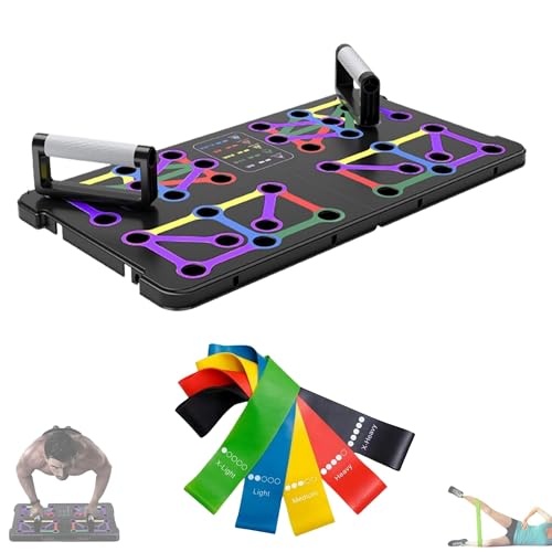 Pack Tabla de Flexiones Multifuncional 22 en 1 + 5 Bandas Elásticas Fitness. Tabla Push Up Plegable con Asas y Bandas de Resistencia 100% Latex para Entrenamiento en Casa.