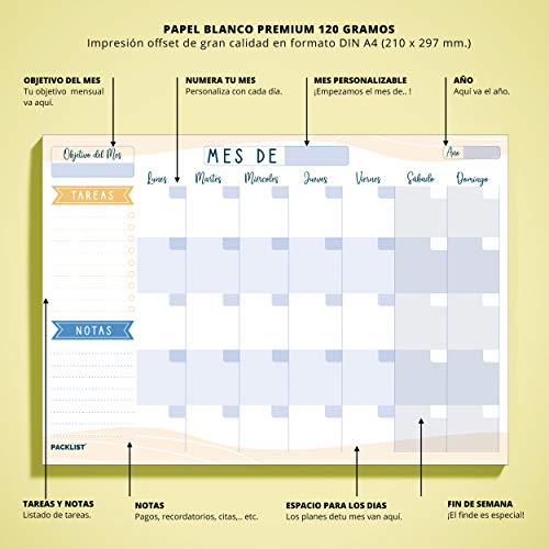 PACKLIST Organizador A4 - Agenda Planificador Mensual Calendario Perpetuo 2023/24/25 - 25 Hojas.