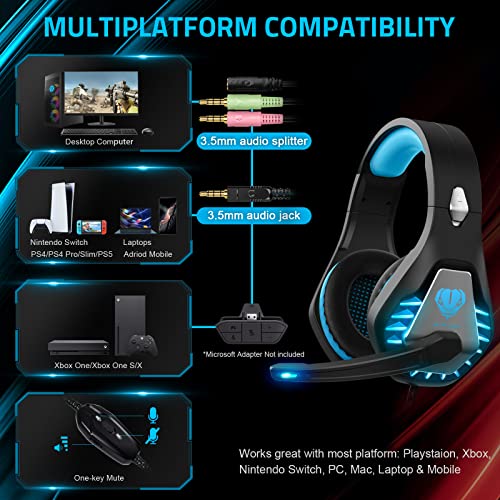 Pacrate [2023 Nuevo Auriculares Gaming con Microfono para PS4 PS5 Xbox One Switch Mac PC, Cascos Gamingcon Luz LED, Micrófono y Almohadillas Ajustables con 3.5mm Jack(Azul)