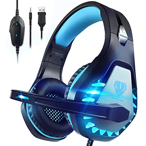 Pacrate [2023 Nuevo Auriculares Gaming con Microfono para PS4 PS5 Xbox One Switch Mac PC, Cascos Gamingcon Luz LED, Micrófono y Almohadillas Ajustables con 3.5mm Jack(Azul)