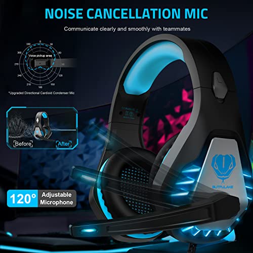 Pacrate [2023 Nuevo Auriculares Gaming con Microfono para PS4 PS5 Xbox One Switch Mac PC, Cascos Gamingcon Luz LED, Micrófono y Almohadillas Ajustables con 3.5mm Jack(Azul)