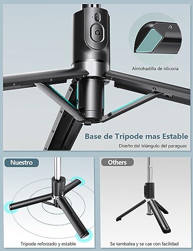 Palo Selfie Trípode Mejorado - 2 Luces de Relleno, Tripode para Movil 114 CM Extra Largo con Control Remoto Desmontable, Compatible con la Mayoría de Teléfonos iPhone, Samsung y GoPro