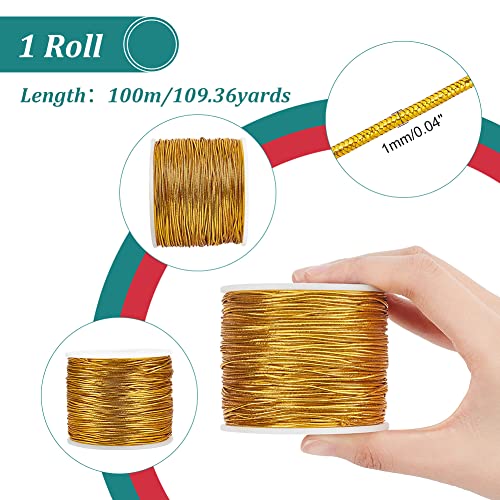 PandaHall Elite 1mm 100m / 109 Yardas Metálico Tinsel Cordón Elástico Cinta de Poliéster Cordón Rebordear para Fabricación de Joyas Nasto para Embalaje, Dorado