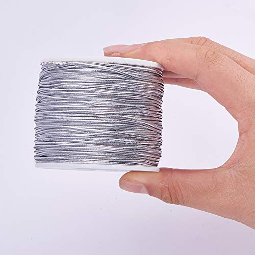 PandaHall Elite 2mm 60m / 65 Yards Metálico Tinsel Cordón elástico Cinta de poliéster Cordón elástico para la fabricación de Joyas Cinta de Regalo, Plata