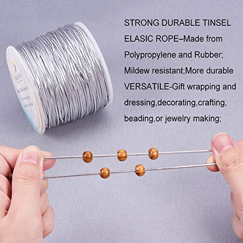 PandaHall Elite 2mm 60m / 65 Yards Metálico Tinsel Cordón elástico Cinta de poliéster Cordón elástico para la fabricación de Joyas Cinta de Regalo, Plata