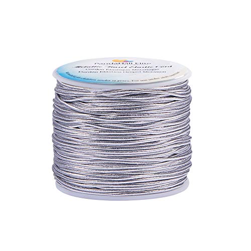 PandaHall Elite 2mm 60m / 65 Yards Metálico Tinsel Cordón elástico Cinta de poliéster Cordón elástico para la fabricación de Joyas Cinta de Regalo, Plata