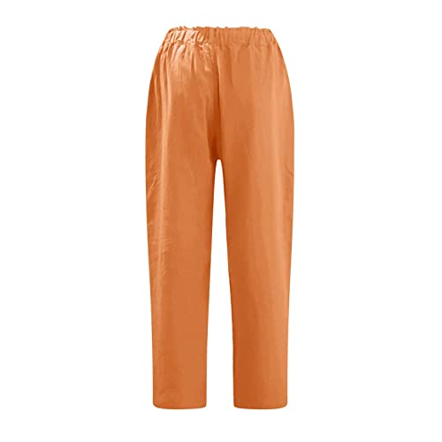 Pantalones de lino de algodón para mujer, casuales, sueltos, de playa, color sólido, cómodos, con botones, pierna recta, transpirables, pantalones deportivos para mujer, 01-naranja, XXL