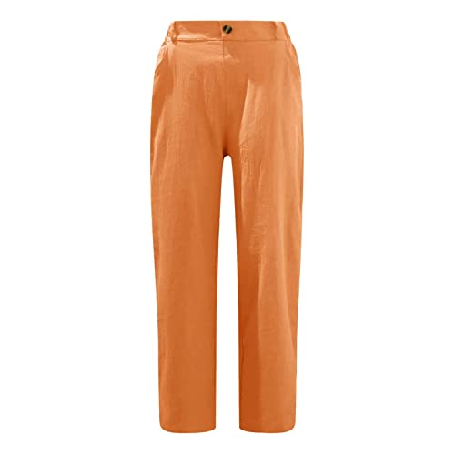 Pantalones de lino de algodón para mujer, casuales, sueltos, de playa, color sólido, cómodos, con botones, pierna recta, transpirables, pantalones deportivos para mujer, 01-naranja, XXL