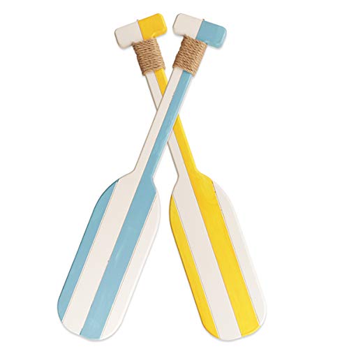 Paquete de 2 remos de madera náutica de 19.7 pulgadas, decoración de pared con cuerda de remo náutico, decoración de pared para colgar en la puerta, decoración del hogar (azul claro y amarillo)