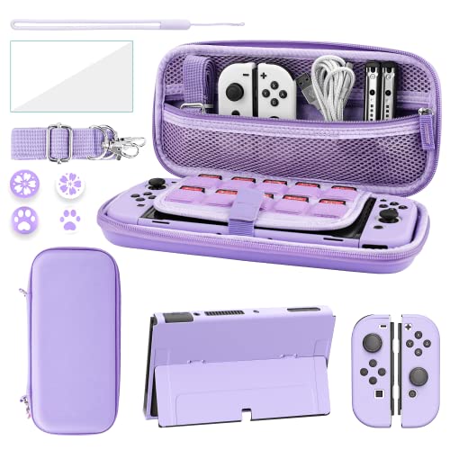 Paquete de fundas para Nintendo Switch OLED Accesorios, funda de transporte para Switch OLED funda protectora rígida y protector de pantalla, 4 agarres para pulgar, correa para el hombro (púrpura)