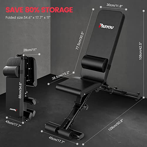 PASYOU Banco de Pesas Ajustable con 90 Grados, Banco de Musculación Plegable, Declinable/Inclinable, Entrenamiento Abdominales Capacidad de Peso de 400KG