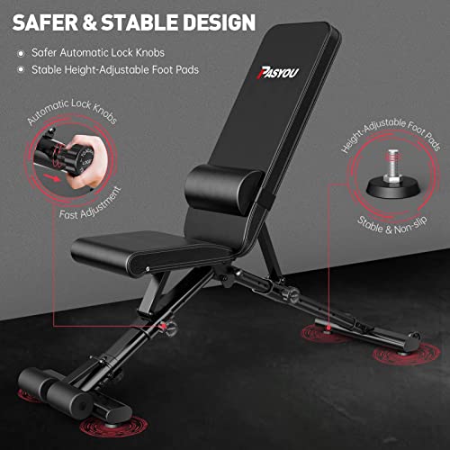 PASYOU Banco de Pesas Ajustable con 90 Grados, Banco de Musculación Plegable, Declinable/Inclinable, Entrenamiento Abdominales Capacidad de Peso de 400KG