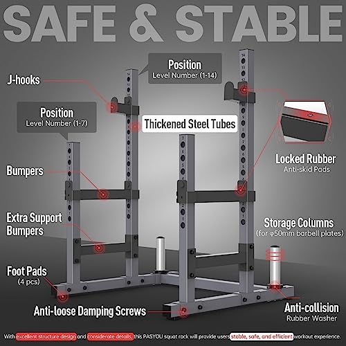 PASYOU SR30 Soporte para Sentadillas, Soporte para Barra Ajustable, Rack Musculación Soporte Multifuncional para Barra, Máx. 800 KG