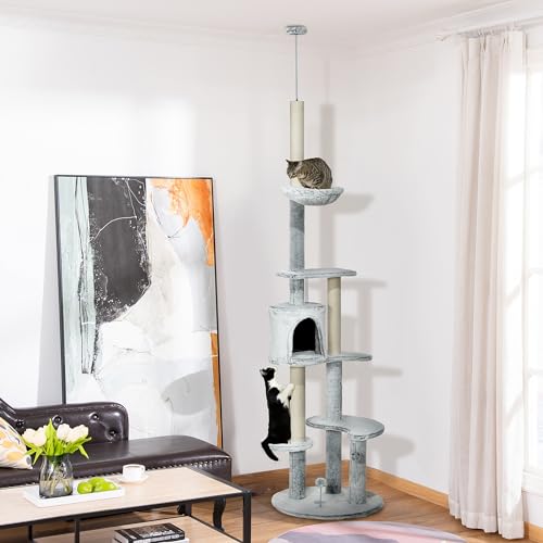 PawHut Árbol para Gatos de Suelo a Techo de 225-255 cm Torre para Gatos Ajustable en Altura con Cueva Plataformas Hamaca Postes Rascadores y Bolas Colgantes Ø60x225-255 cm Gris