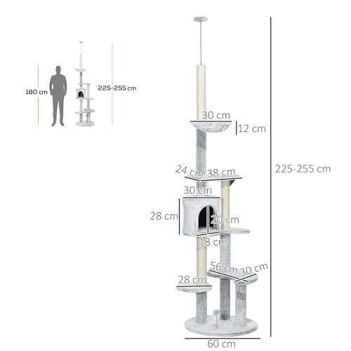 PawHut Árbol para Gatos de Suelo a Techo de 225-255 cm Torre para Gatos Ajustable en Altura con Cueva Plataformas Hamaca Postes Rascadores y Bolas Colgantes Ø60x225-255 cm Gris