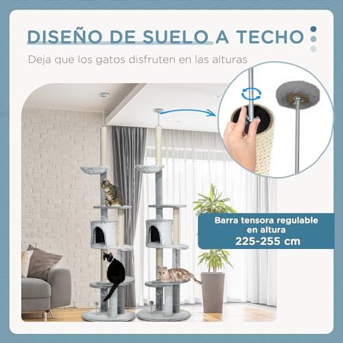 PawHut Árbol para Gatos de Suelo a Techo de 225-255 cm Torre para Gatos Ajustable en Altura con Cueva Plataformas Hamaca Postes Rascadores y Bolas Colgantes Ø60x225-255 cm Gris