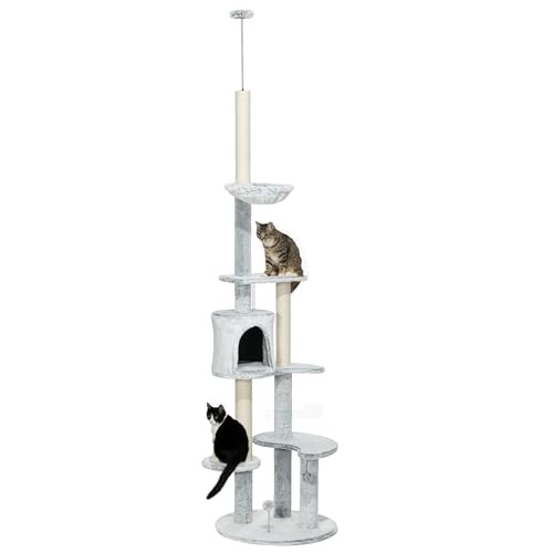 PawHut Árbol para Gatos de Suelo a Techo de 225-255 cm Torre para Gatos Ajustable en Altura con Cueva Plataformas Hamaca Postes Rascadores y Bolas Colgantes Ø60x225-255 cm Gris