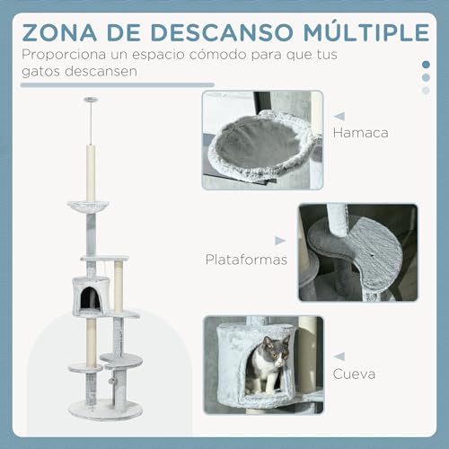 PawHut Árbol para Gatos de Suelo a Techo de 225-255 cm Torre para Gatos Ajustable en Altura con Cueva Plataformas Hamaca Postes Rascadores y Bolas Colgantes Ø60x225-255 cm Gris