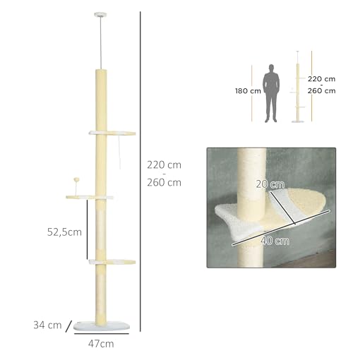 PawHut Árbol para Gatos del Suelo al Techo 220-260 cm Rascador para Gatos con 3 Plataformas Poste Altura Ajustable Escalador de Sisal y Bola para Jugar 47x34x220-260 cm Amarillo