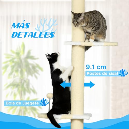 PawHut Árbol para Gatos del Suelo al Techo 220-260 cm Rascador para Gatos con 3 Plataformas Poste Altura Ajustable Escalador de Sisal y Bola para Jugar 47x34x220-260 cm Amarillo