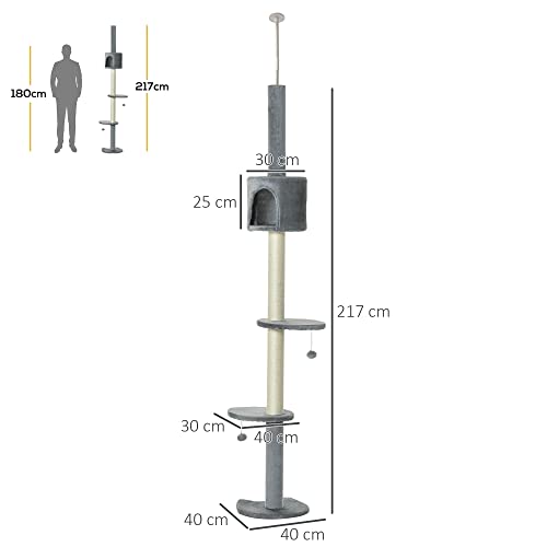 PawHut Árbol Rascador para Gatos Rascador para Fijar al Techo Altura 217 cm con Plataformas Cueva Postes de Sisal Bolas Colgantes Gris Claro